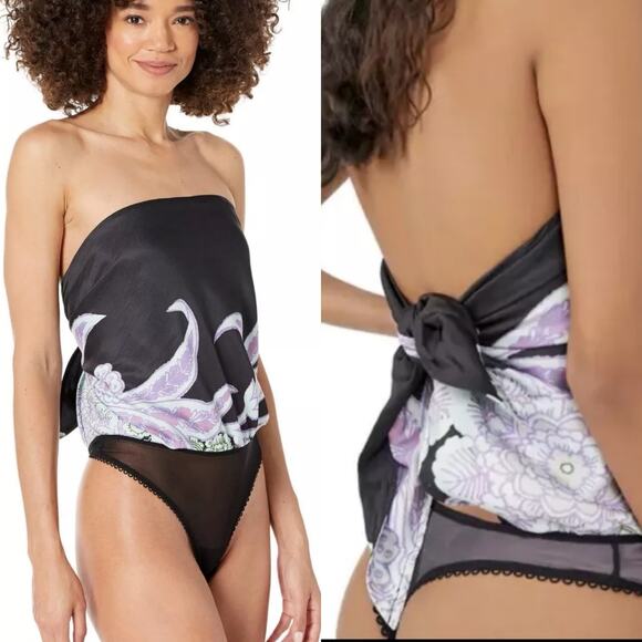 Free People Black Floral Strapless Satin Feel Spellbound Bodysuit Size S - Picture 1 of 8